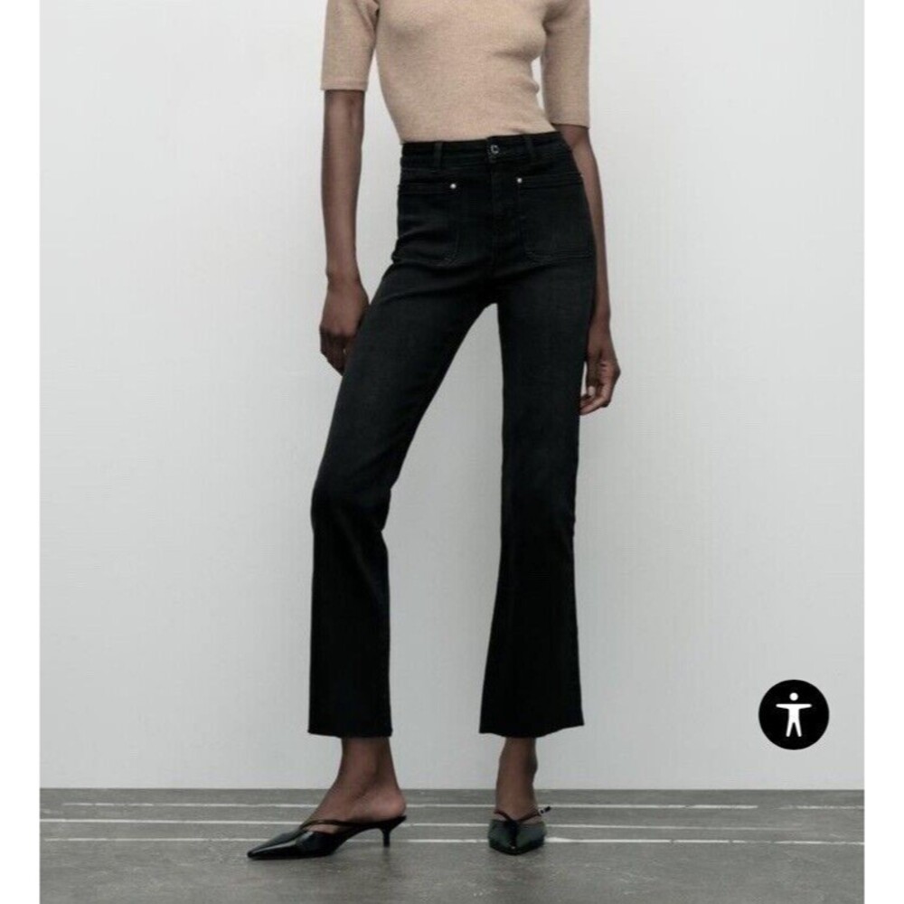 Zara High Rise Women’s Wide Leg Jeans Black Size 8‎ Frayed Hem